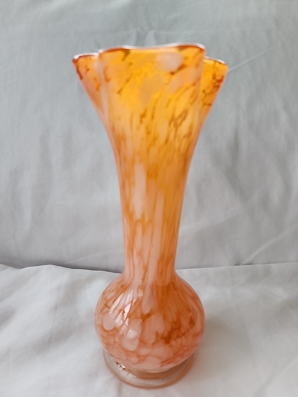 Vtg Art Glass Splatter Vase with Ruffled Rim Orange White Swirl 7" Murano? Italy